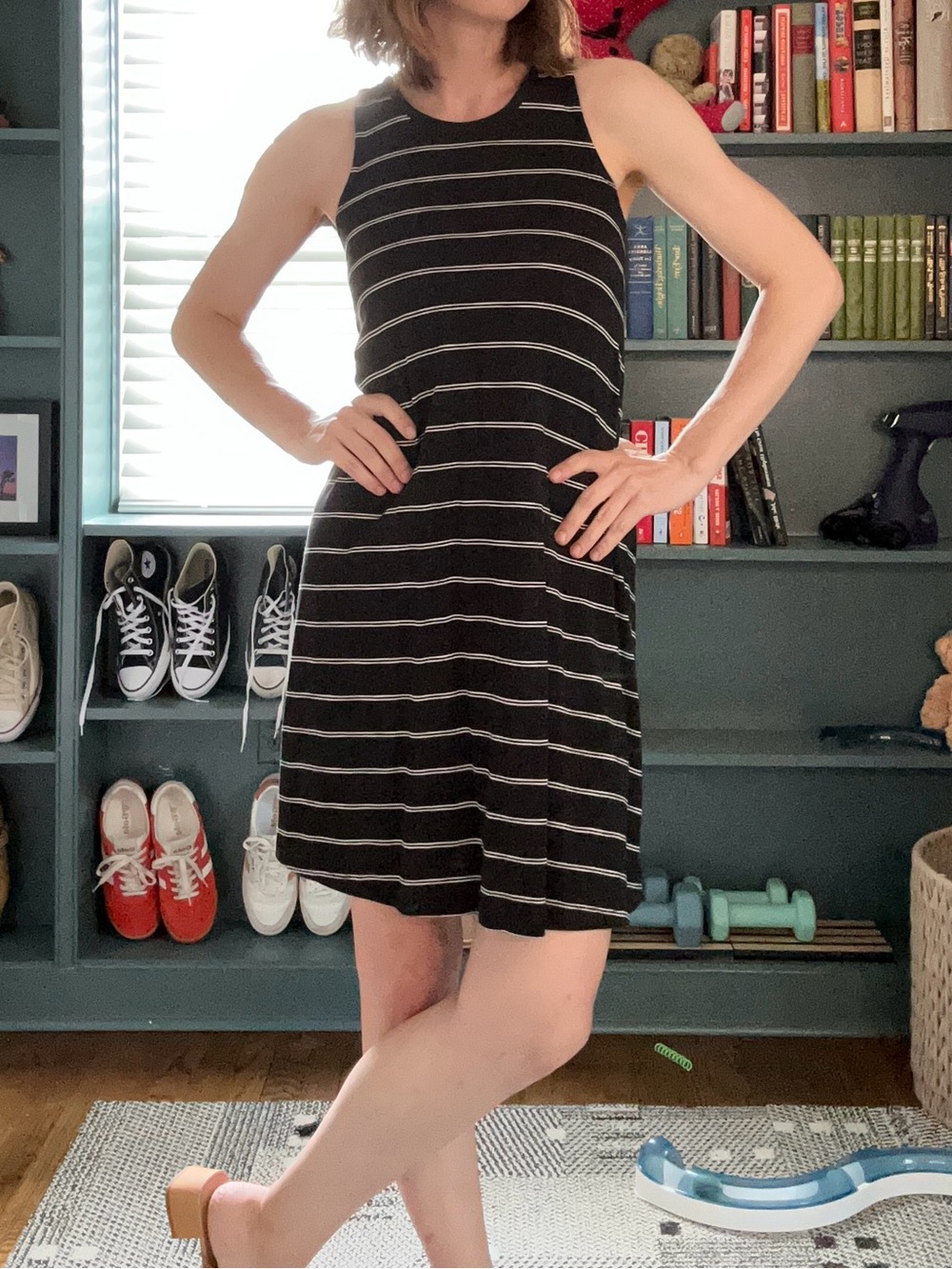 Madewell Black and White Striped Sleeveless V-Neck Midi Dress